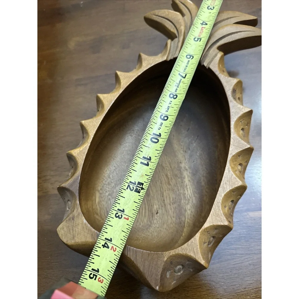 VTG Pineapple Serving Dish Bowl Hand Carved Artist Signed Monkey Pod Wood Hawaii